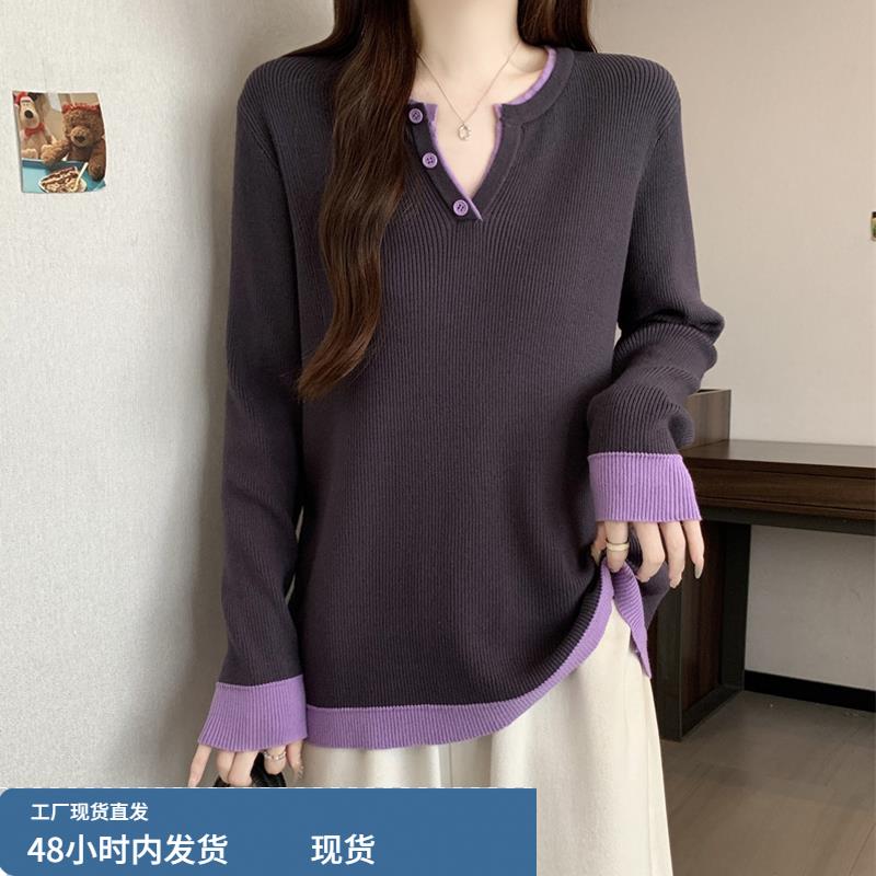 大码女装胖MM秋冬款韩系设计感上衣时髦撞色半开领套头针织毛衫女