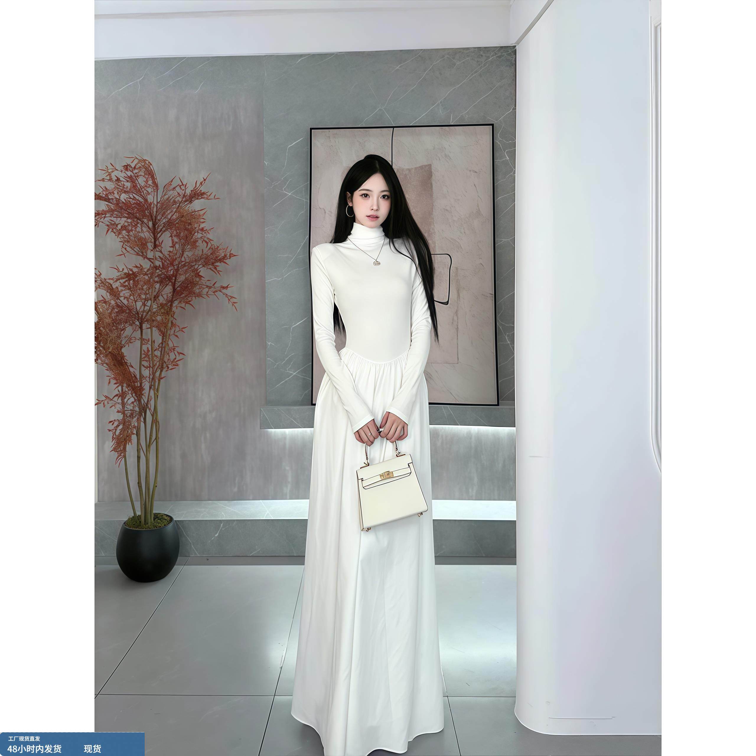 韩系氛围感高领长袖连衣裙女秋冬季新款高级感收腰显瘦A字长裙子