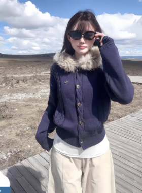 高级感毛领连帽麻花毛衣外套女秋冬秋季短款外搭针织开衫卫衣上衣