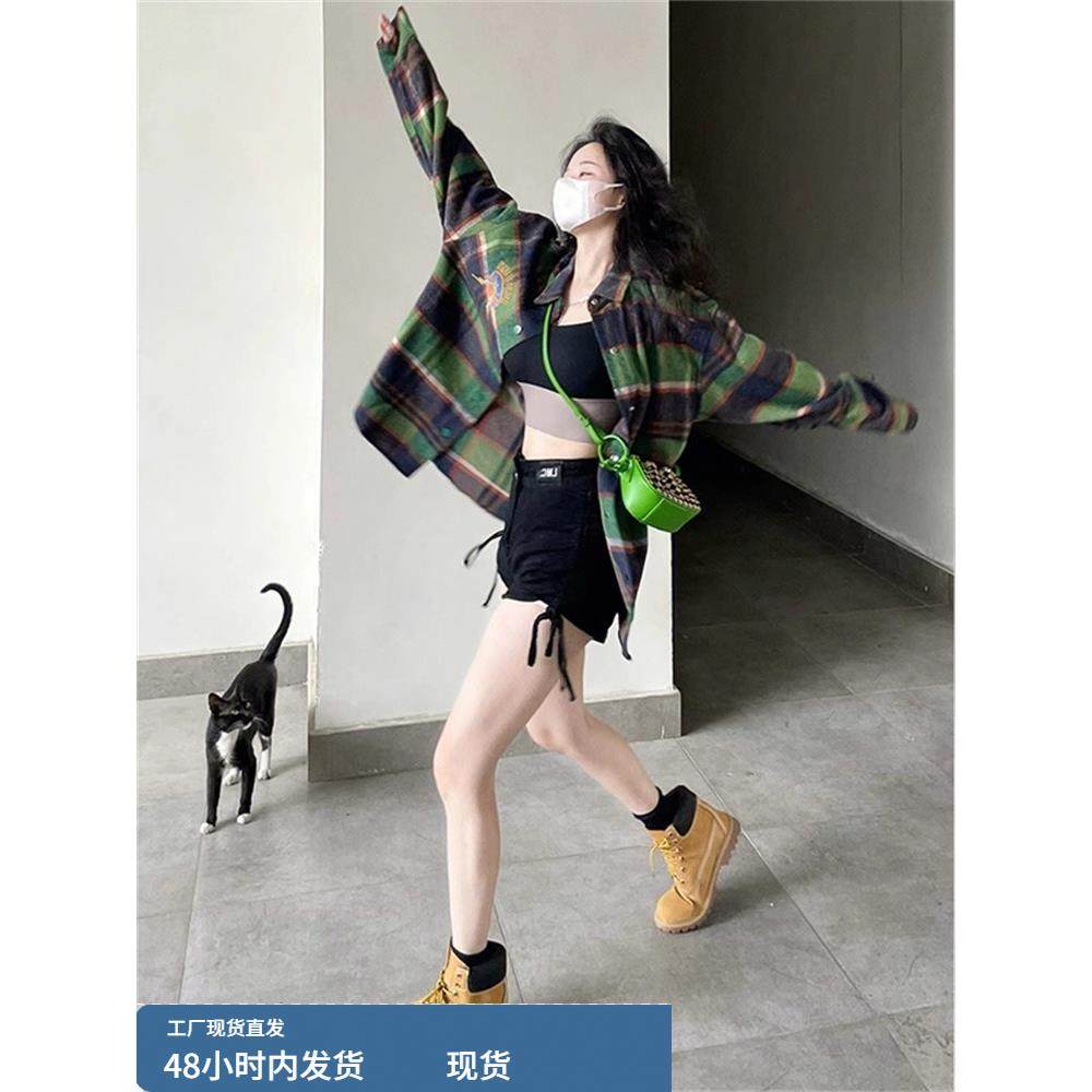 绿色格子长袖衬衫女春秋秋冬叠穿内搭磨毛衬衣外套设计感小众上衣