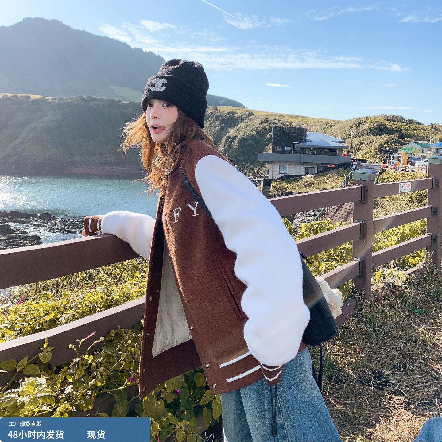 美式学院风拼接休闲羽绒服外套女冬季2025年新款白鸭绒轻暖棒球服