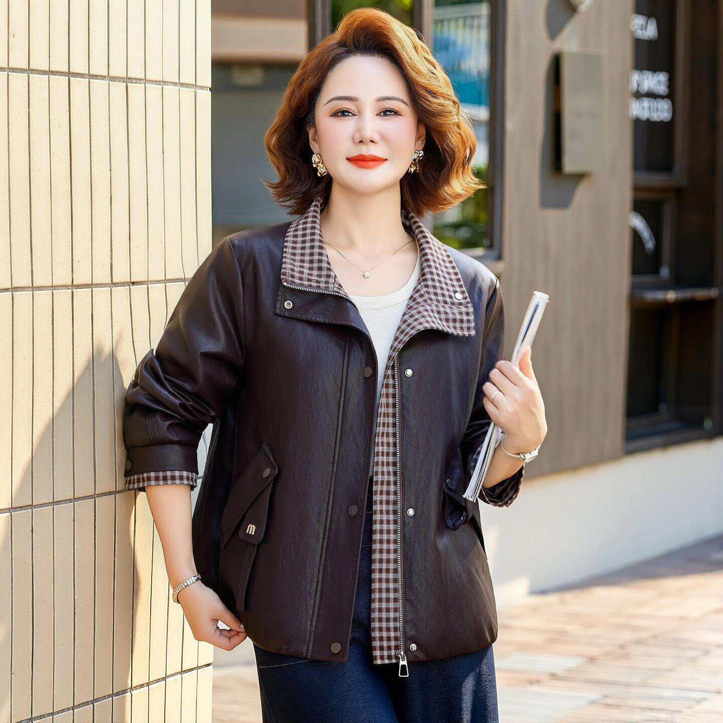 陂衣外套女洋气休闲宽松中老年妈妈秋装陂夹克时尚妇女翻领PU陂褂