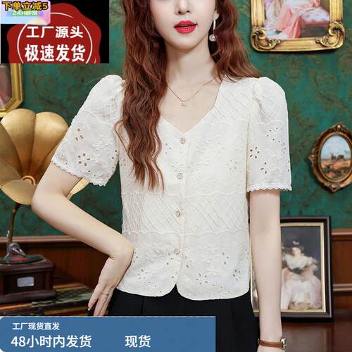 法式V领刺绣雪纺衬衫女士2025夏季新款宽松短款上衣独特别致小衫