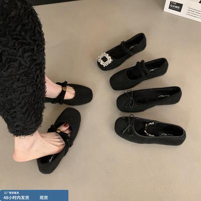 法式黑色平底玛丽珍毛毛鞋女外穿2025秋冬新款毛呢子加绒保暖单鞋