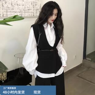 2025春秋季新款洋派减龄套装女灯笼袖衬衫黑色马甲两件套复古港味