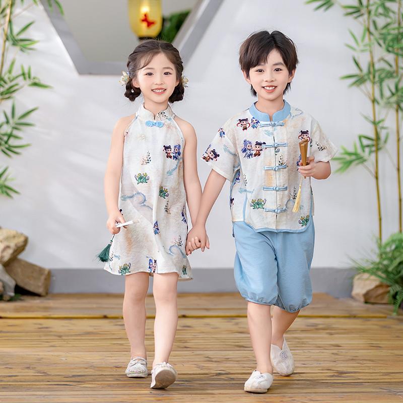 儿童汉服男童2025夏季薄款国风敖丙哪吒姐弟旗袍女童新中式演出服图片
