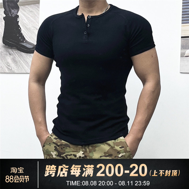 夏男短袖t恤弹力紧身衣健身圆领纯棉运动POLO恤衫黑白色显肌肉帅