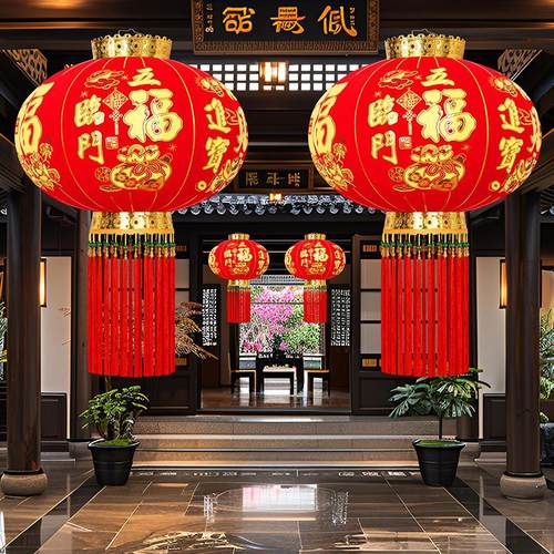 五福临门红灯笼大门口大新款2025年植绒户外灯笼防水防晒一对