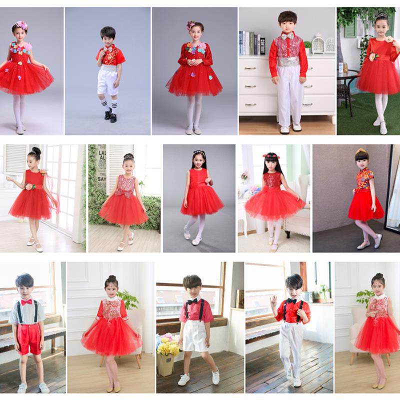 元旦女童公主蓬蓬纱裙古筝红色礼服儿童主持人大合唱团喜庆舞蹈服