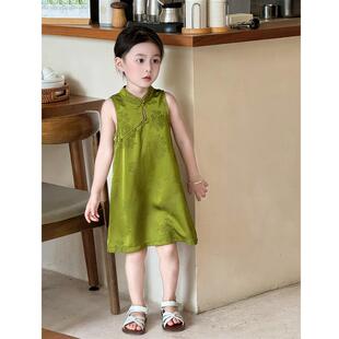 旗袍女童新中式连衣裙薄款夏国风儿童裙子女宝绿色挂脖背心裙汉服
