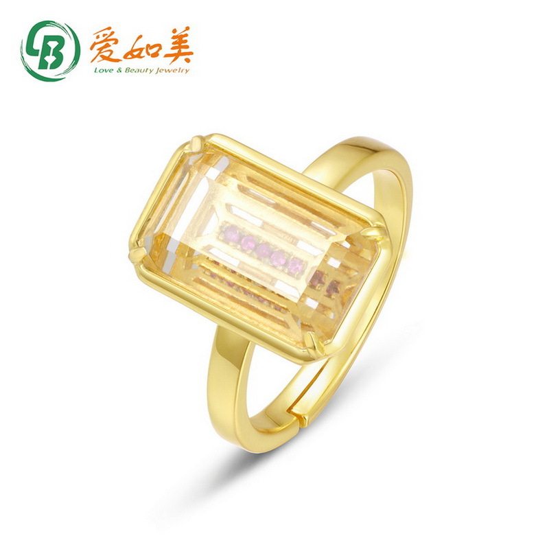 新款简约几何白水晶戒指S925银渡18K金PT950铂金个性开口戒指女
