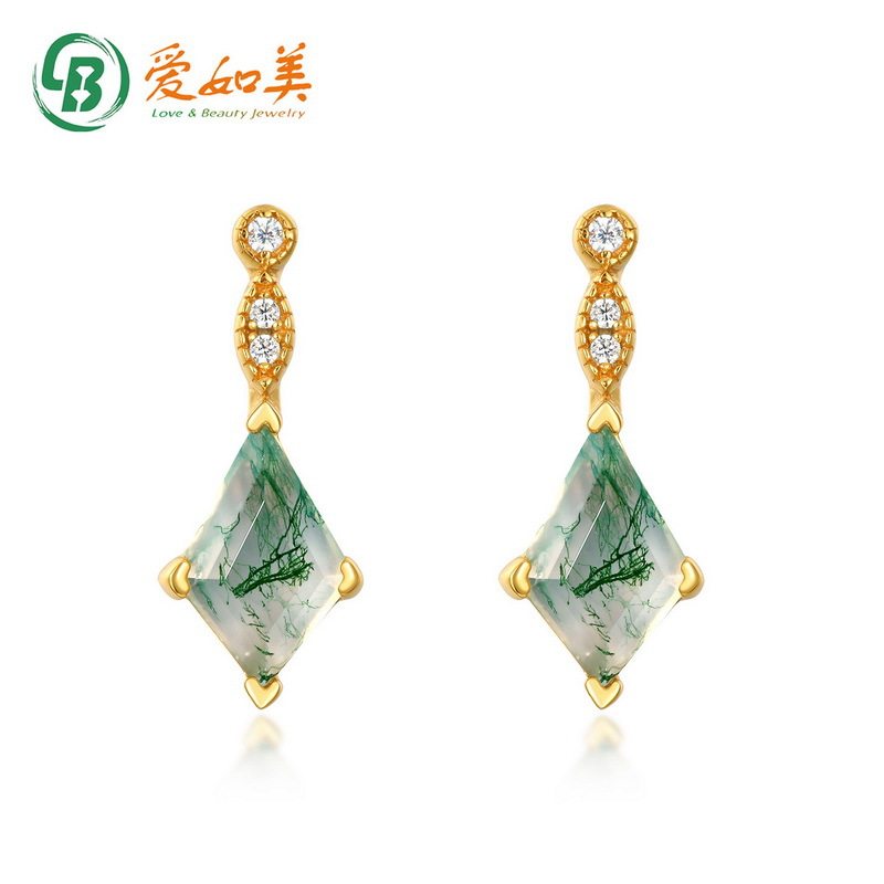 时尚水草玛瑙耳钉轻奢个性S925银渡18K金PT950铂金绿苔藓石耳坠