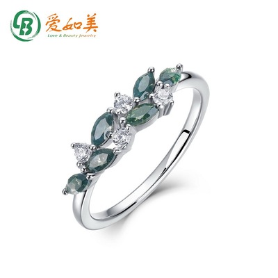 几何树叶绿苔藓石戒指S925银渡18K金PT950铂金天然水草玛瑙食指戒