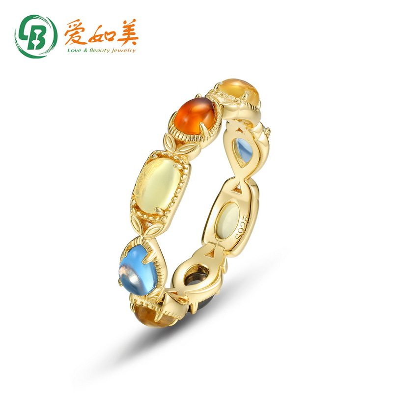 日韩时尚合成彩色宝石戒指小众S925银七层电镀18K金PT950铂金戒指