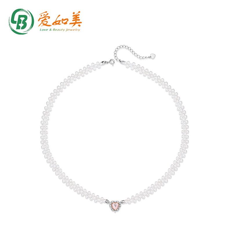 S925银渡18K金PT950铂金复古仿珍珠多层颈链爱心天然粉晶法式项链