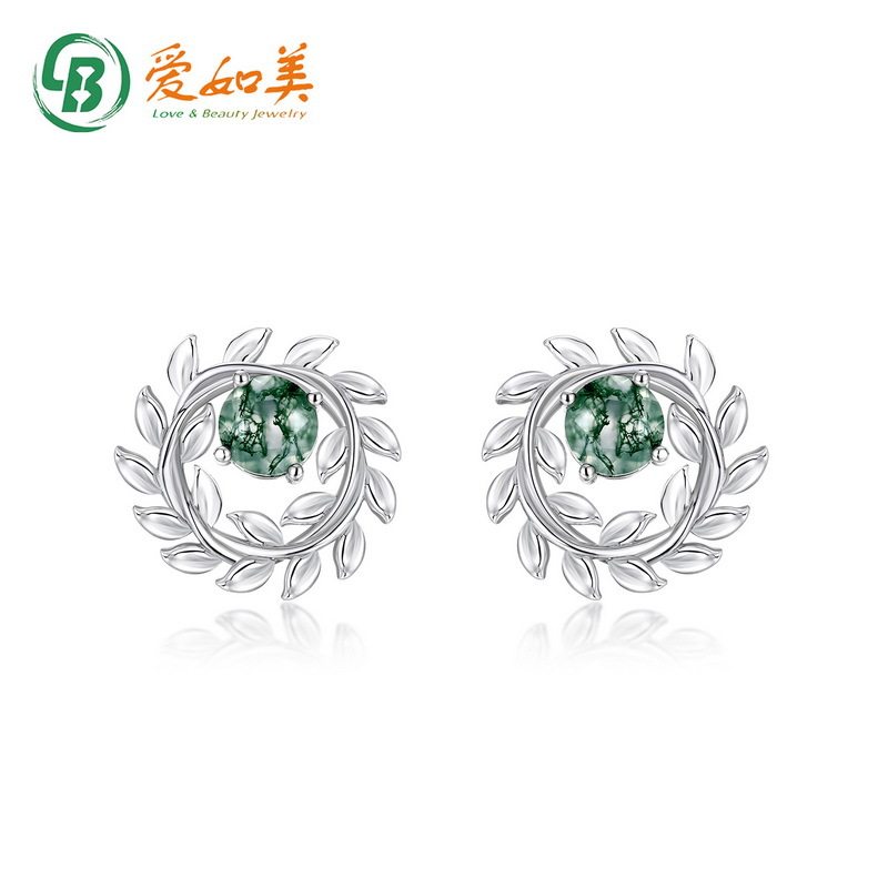 几何橄榄枝耳钉耳圈流行S925银渡18K金PT950铂金天然水草玛瑙耳饰