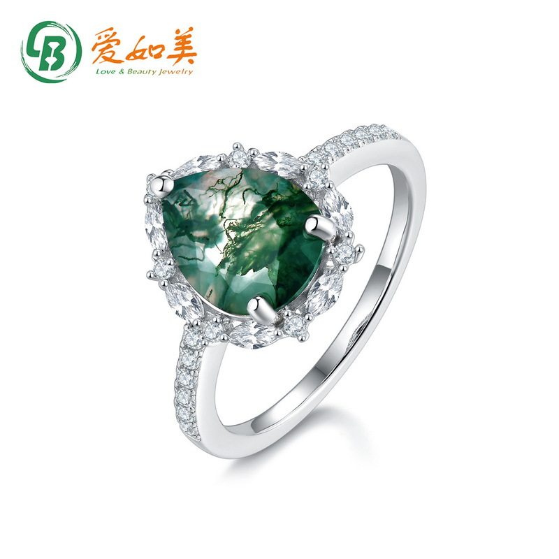 百搭水滴绿苔藓指戒时尚S925银渡18K金PT950铂金天然水草玛瑙戒指