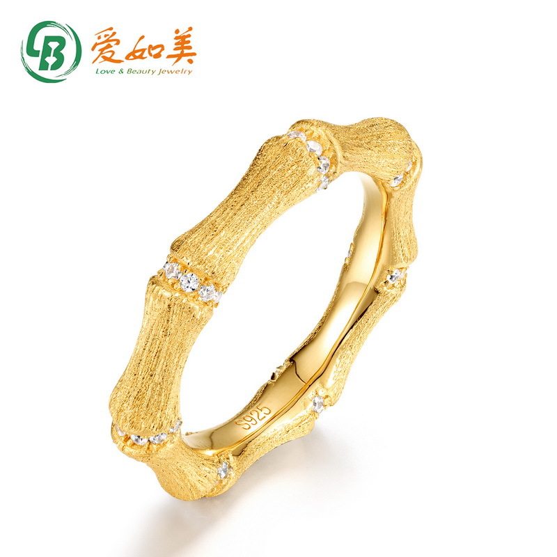 时尚简约拉丝竹节排钻戒S925银镀18K金镶钻小众设计节节高升指环