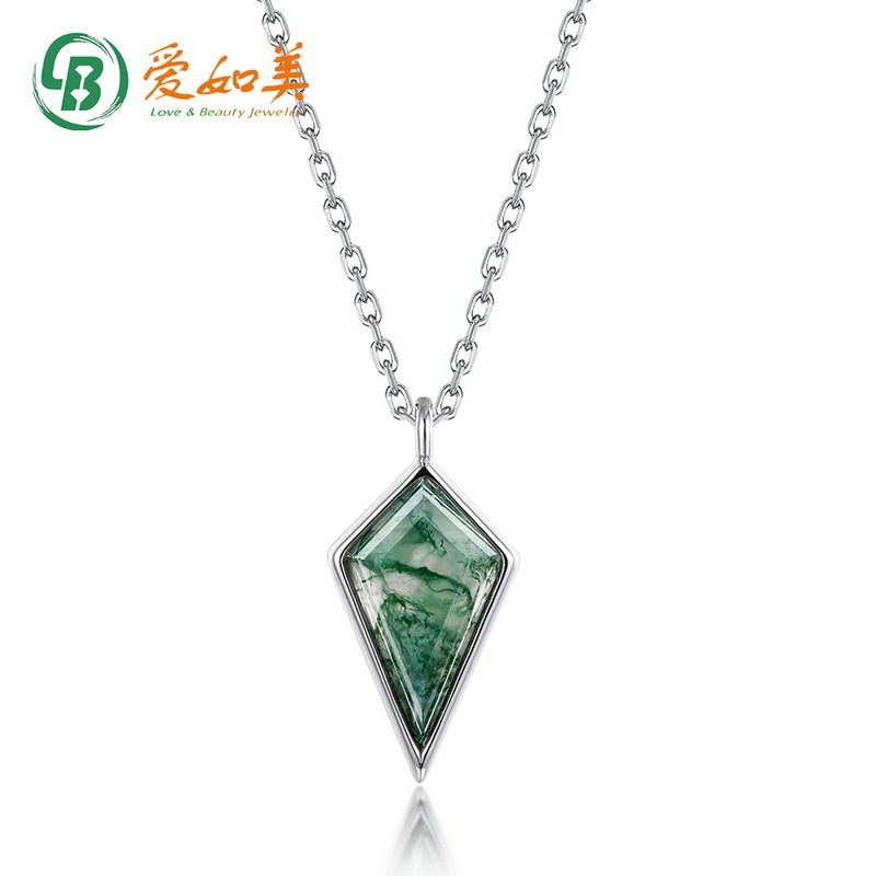 新款时尚简约几何绿苔藓吊坠S925银渡18K金PT950铂金水草玛瑙项链