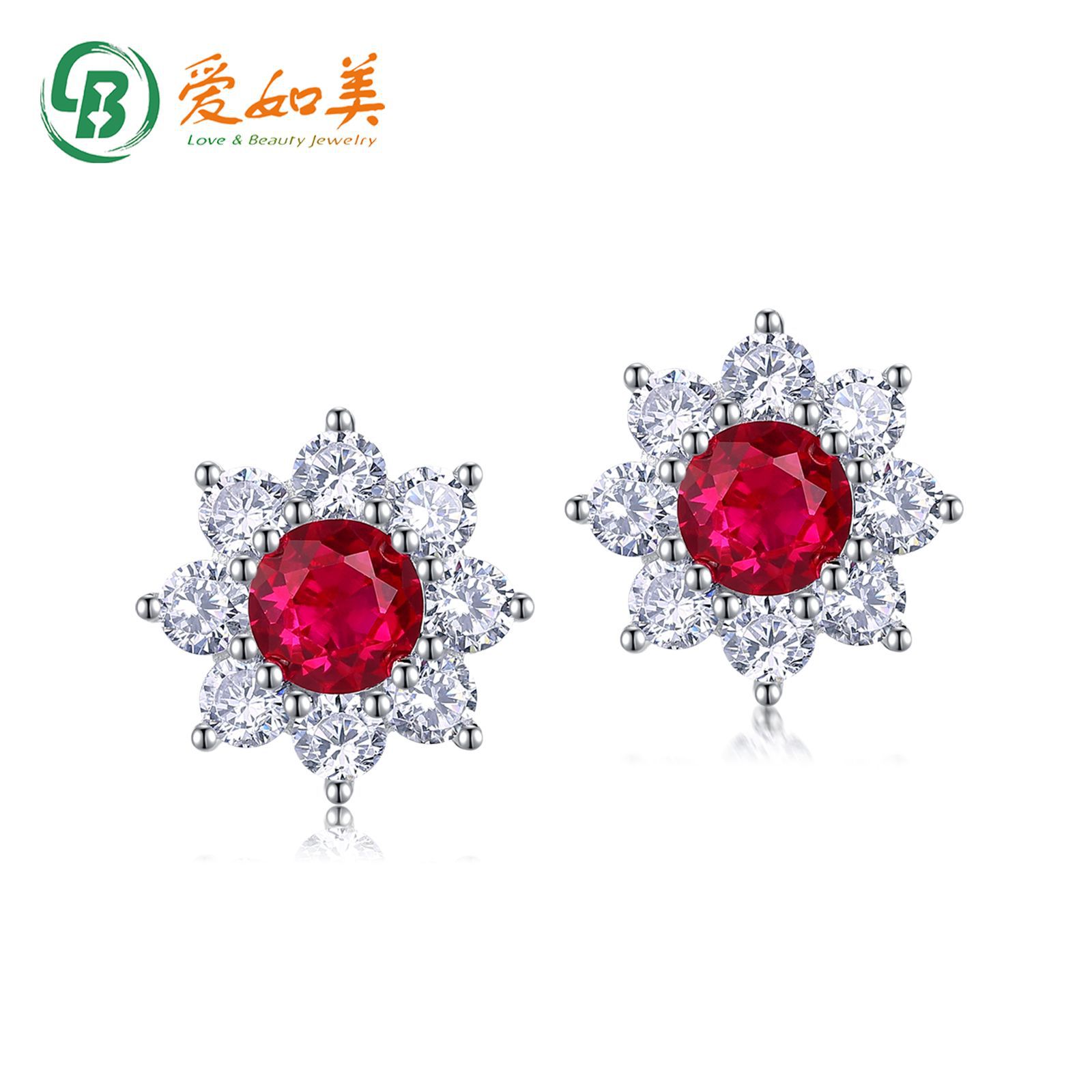 奢华彩宝S925银渡18K金PT950铂金培育红宝石耳环高级太阳花耳钉