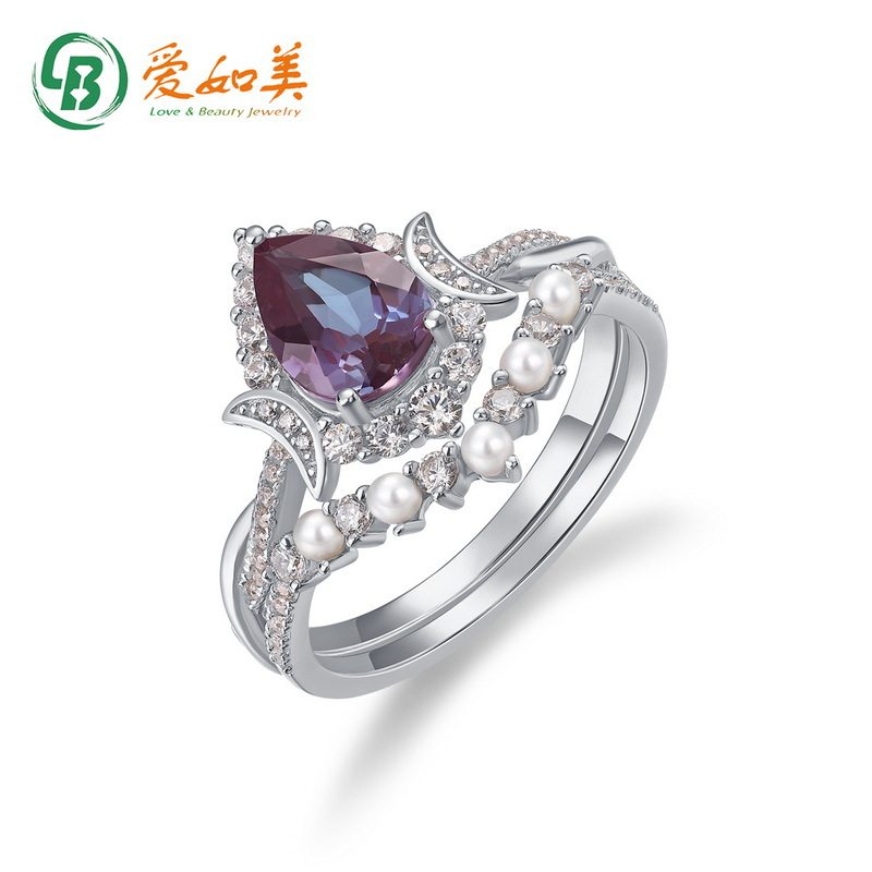 新款亚历山大石戒指S925银渡18K金PT950铂金镶淡水珍珠戒指叠戴戒