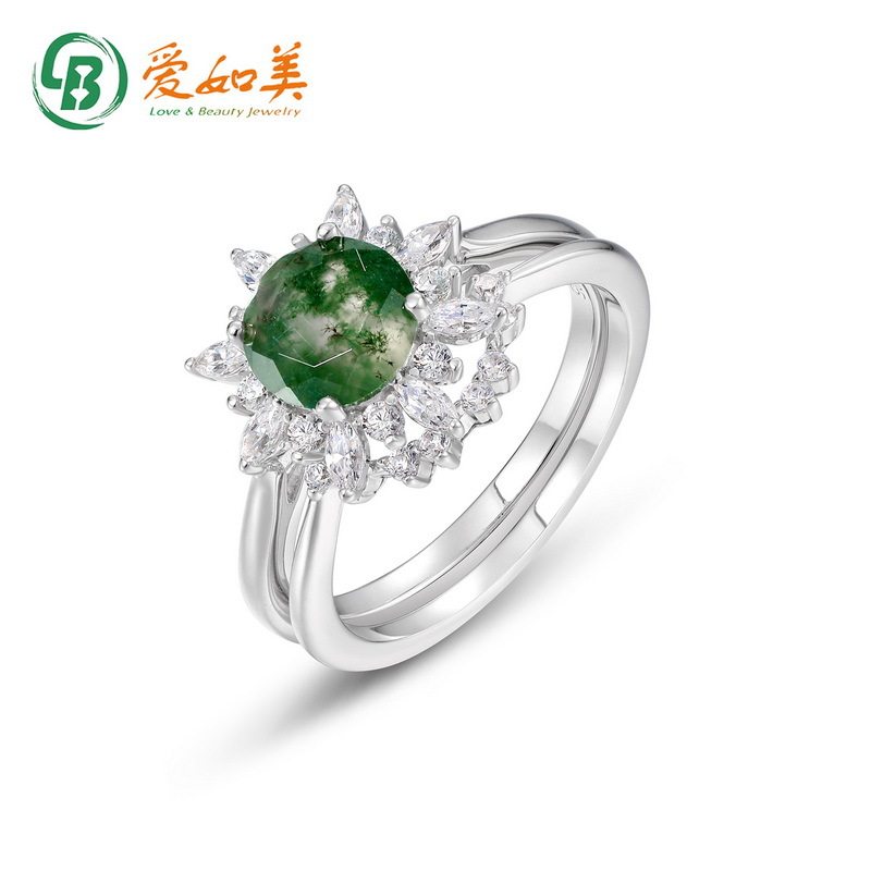 S925银七层电镀18K金PT950铂金镶嵌绿苔藓戒指经典精致太阳花指环