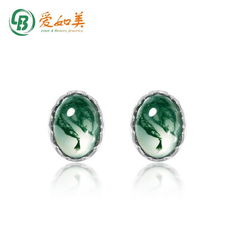 新款简约轻奢绿苔藓耳钉S925银渡18K金PT950铂金水草玛瑙耳环银饰