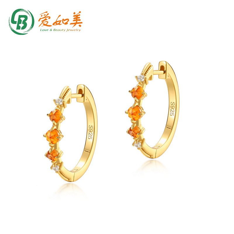 新款简约几何橙石榴石耳环女复古轻奢S925银渡18K金PT950铂金耳环