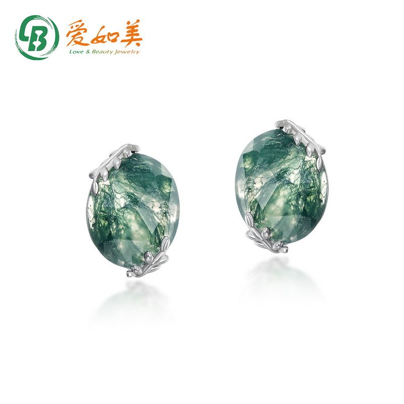 时尚潮流绿苔藓耳钉个性气质S925银渡18K金PT950铂金水草玛瑙耳环