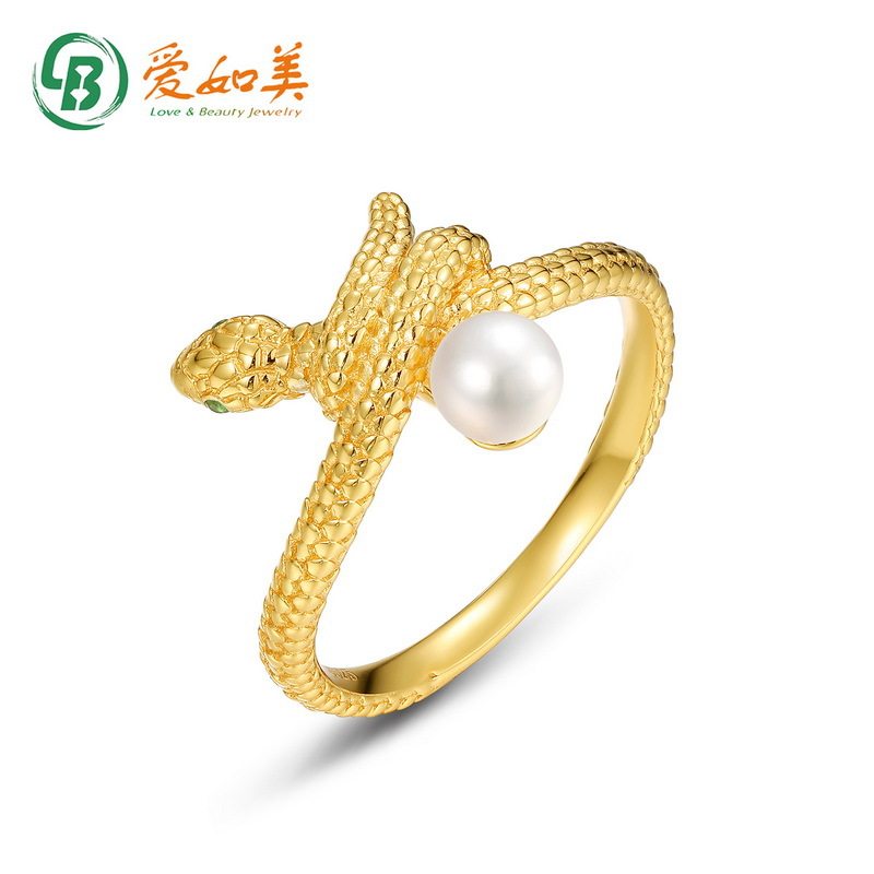 新款流行珍珠指环可爱简约S925银渡18K金PT950铂金镀金蛇形戒指