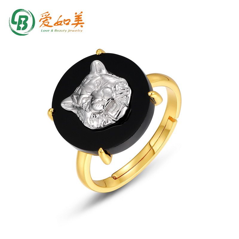 新款日韩几何圆形高级黑玛瑙戒指S925银渡18K金PT950铂金开口指环