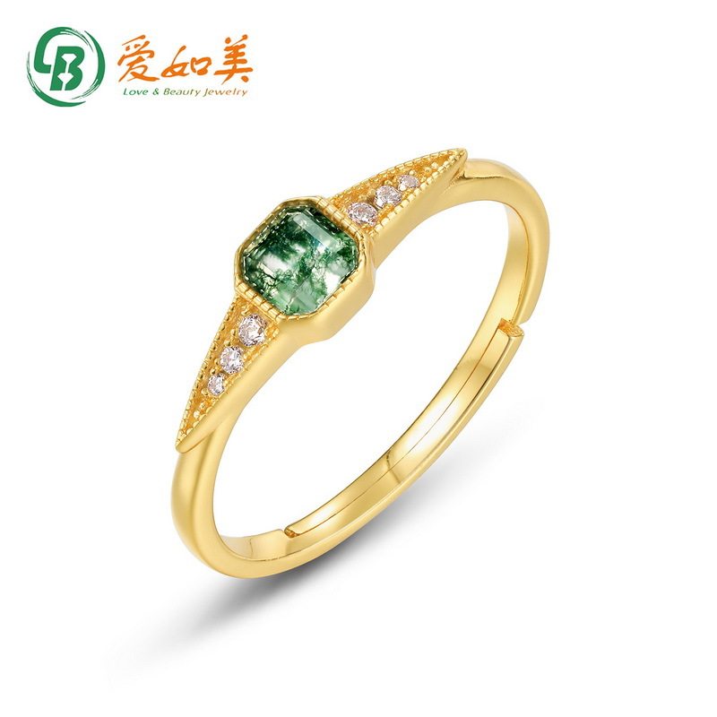 新品轻奢绿苔藓戒指S925银渡18K金PT950铂金水草玛瑙指环小众设计