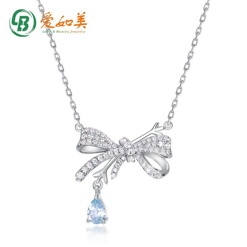 个性蝴蝶结满钻水滴托帕石项链S925银渡18K金PT950铂金雪花项链女
