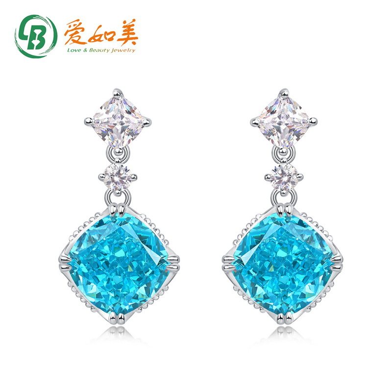 S925银渡18K金PT950铂金浅海蓝冰花切高碳钻耳坠女镶嵌彩宝锆耳饰