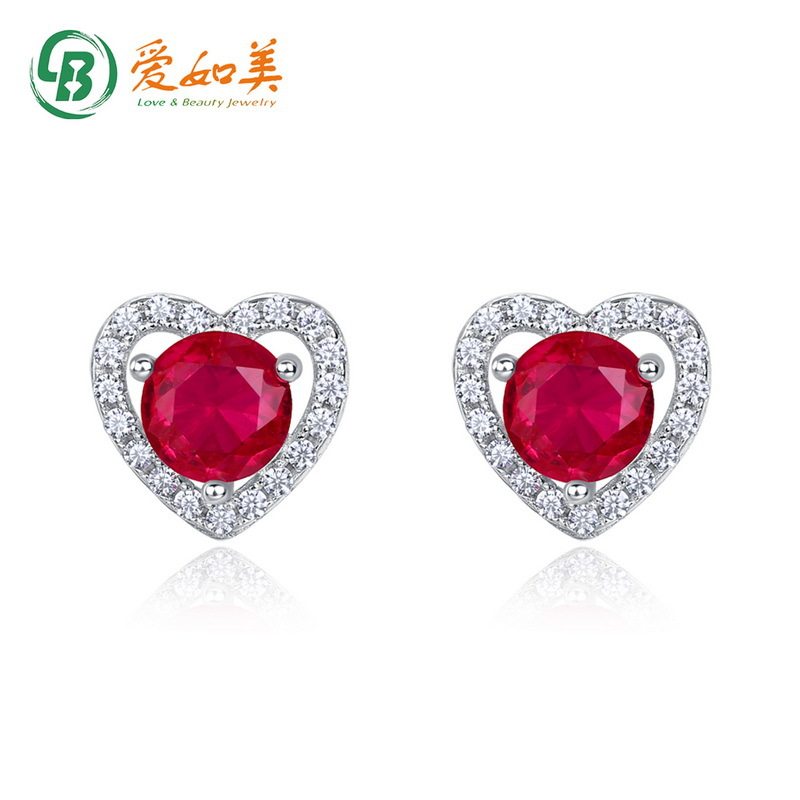 轻奢爱心培育红宝耳钉女S925银渡18K金PT950铂金耳钉小清新耳饰