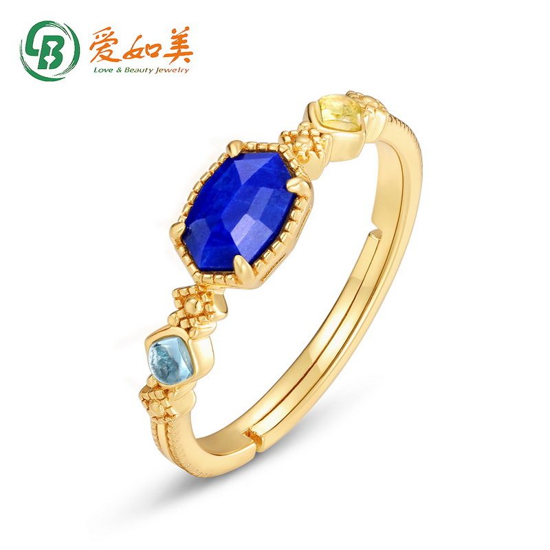 复古风青金石几何S925银渡18K金PT950铂金戒指女经典优雅彩宝戒指