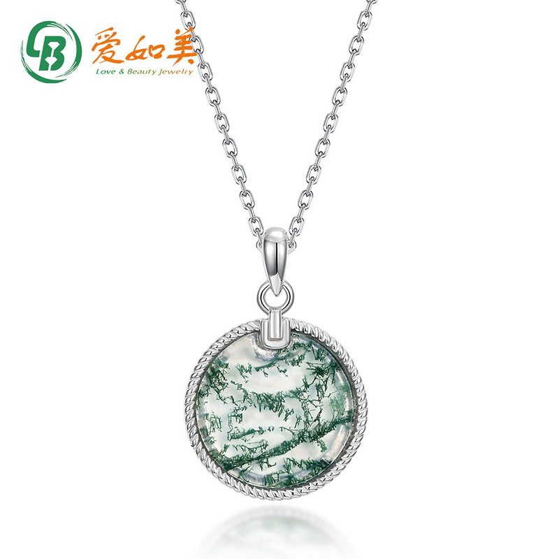 新款简约潮流几何圆形绿苔藓吊坠S925银渡18K金PT950铂金项链项饰