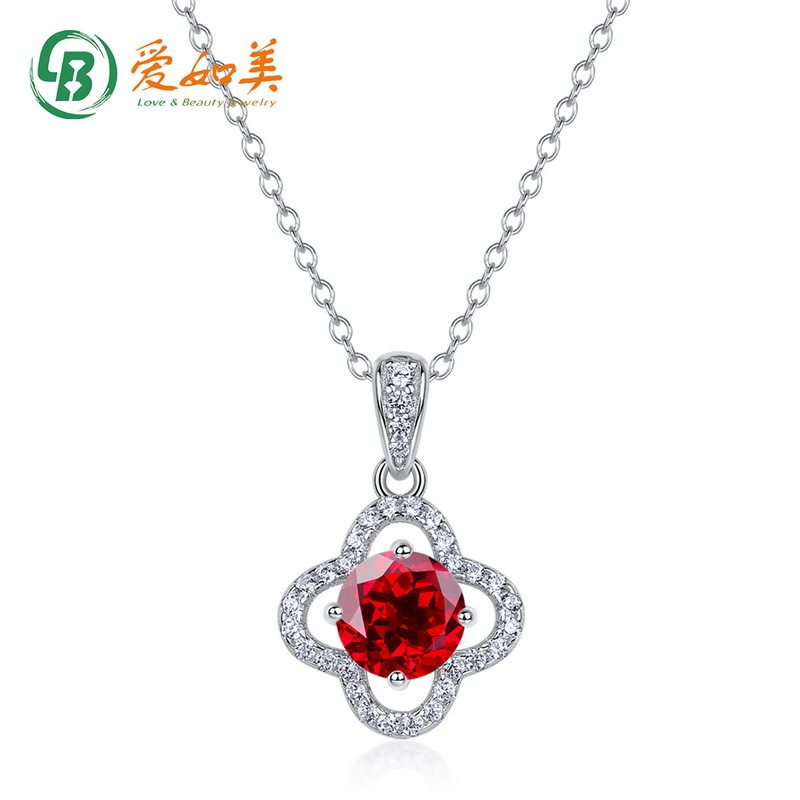 四叶草满镶彩宝项链时尚清新S925银渡18K金PT950铂金培育红宝项链