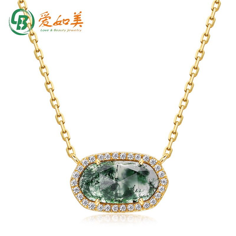大气时尚绿苔藓石项链S925银渡18K金PT950铂金天然水草玛瑙锁骨链