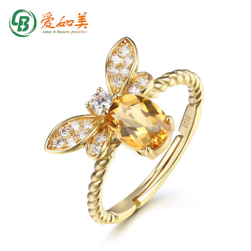 S925银渡18K金PT950铂金原创彩宝手饰天然粉黄水晶活口蜜蜂戒指