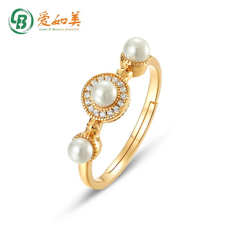 新款贝壳珠圆形戒指复古S925银渡18K金PT950铂金戒指女开口可调节