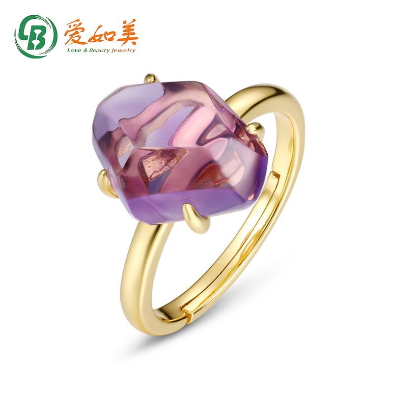 简约优雅紫水晶戒指时尚流行S925银渡18K金PT950铂金不规则戒指