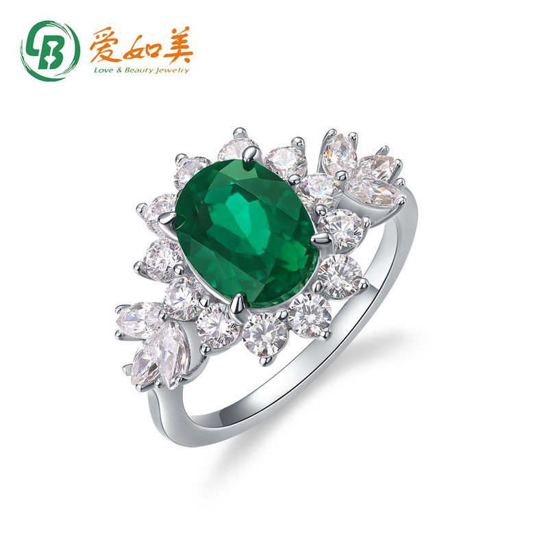 新款个性培育祖母绿戒指女时尚气质S925银渡18K金PT950铂金戒指