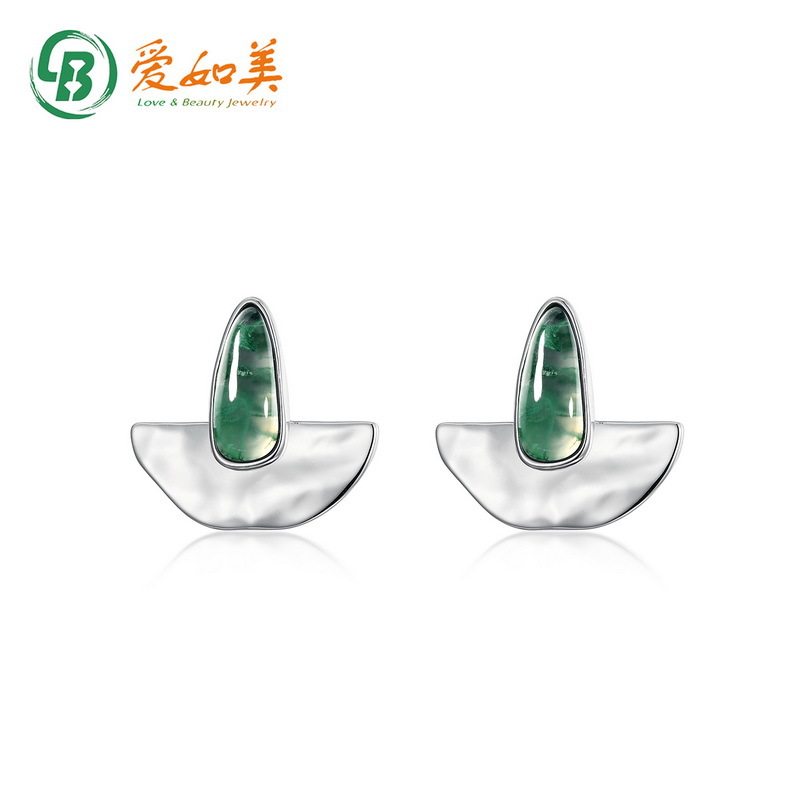 新款简约个性不规则绿苔藓耳钉S925银渡18K金PT950铂金白贝耳环女