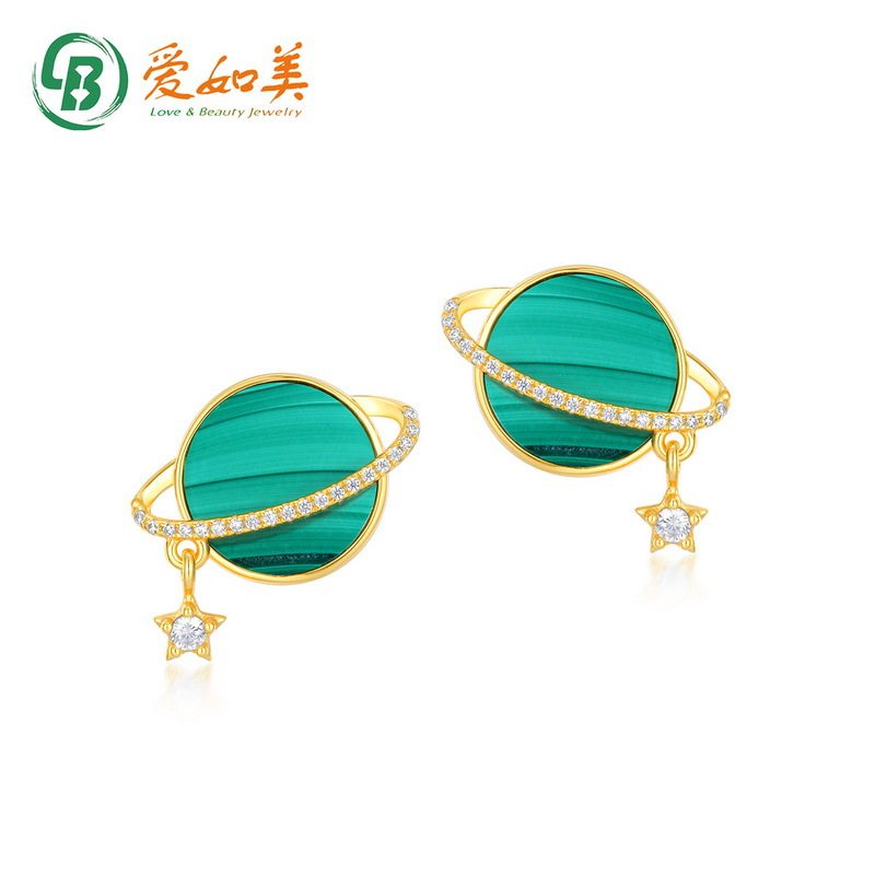 新款韩版几何星球孔雀石耳环S925银渡18K金PT950铂金耳钉女时尚