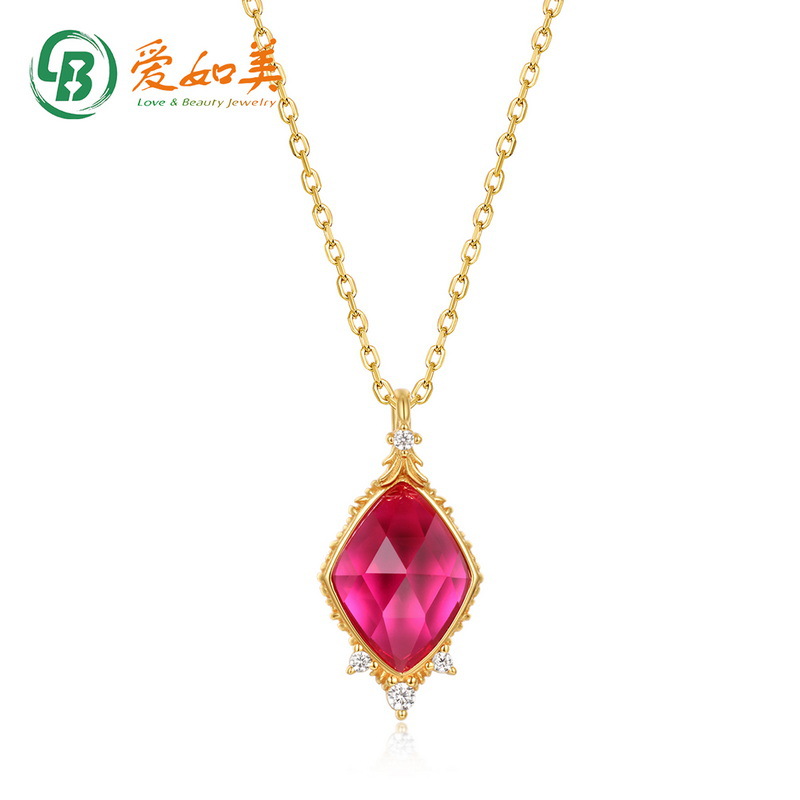 简约菱形唯美S925银渡18K金PT950铂金项链爪镶红刚玉吊坠锁骨链