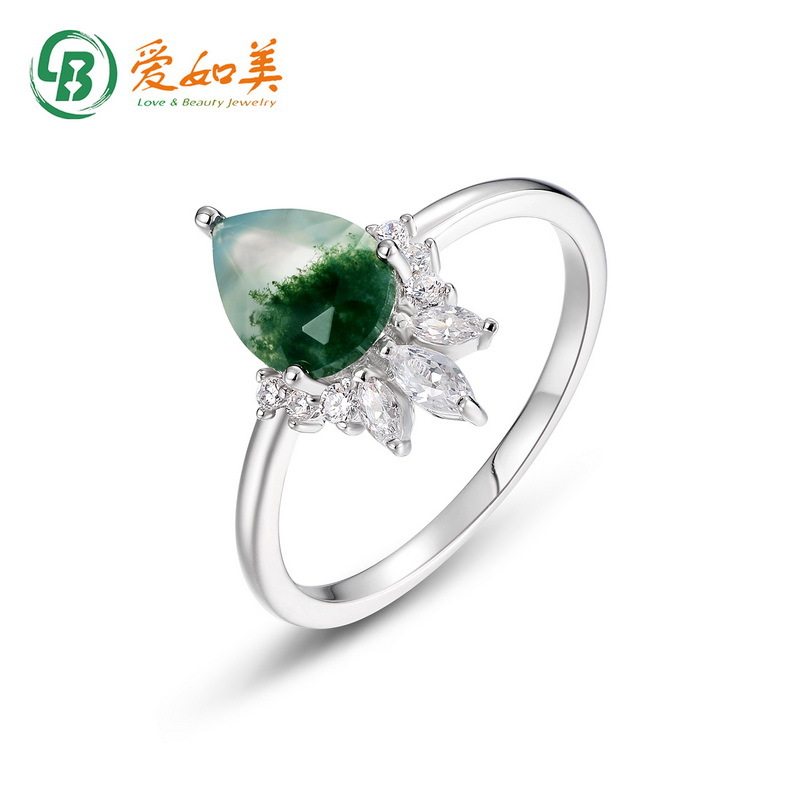 时尚简约水滴形绿苔藓戒指女轻奢S925银渡18K金PT950铂金镀金指环