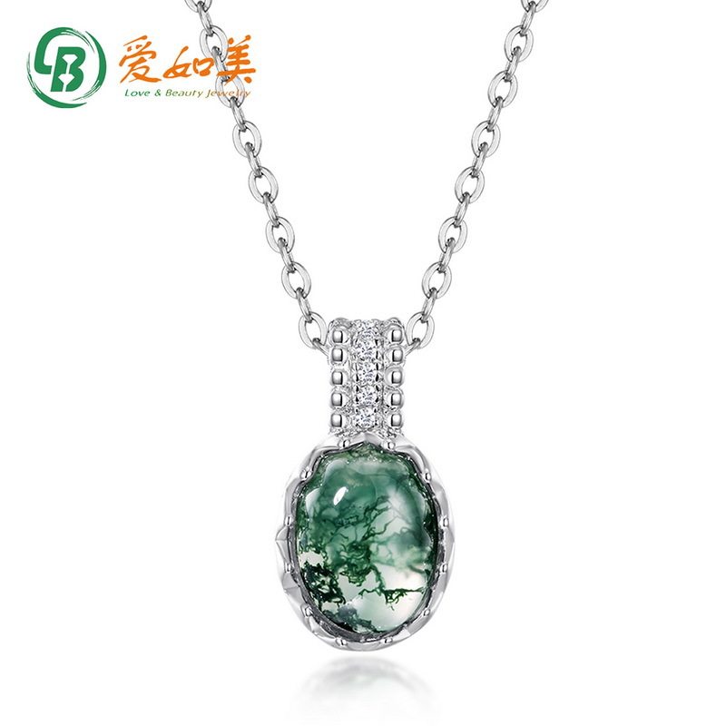 简约几何椭圆绿苔藓吊坠时尚百搭S925银渡18K金PT950铂金项链女