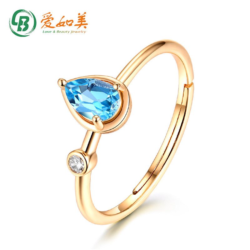 天然水滴型瑞士蓝托帕石S925银渡18K金PT950铂金开口戒 时尚指环