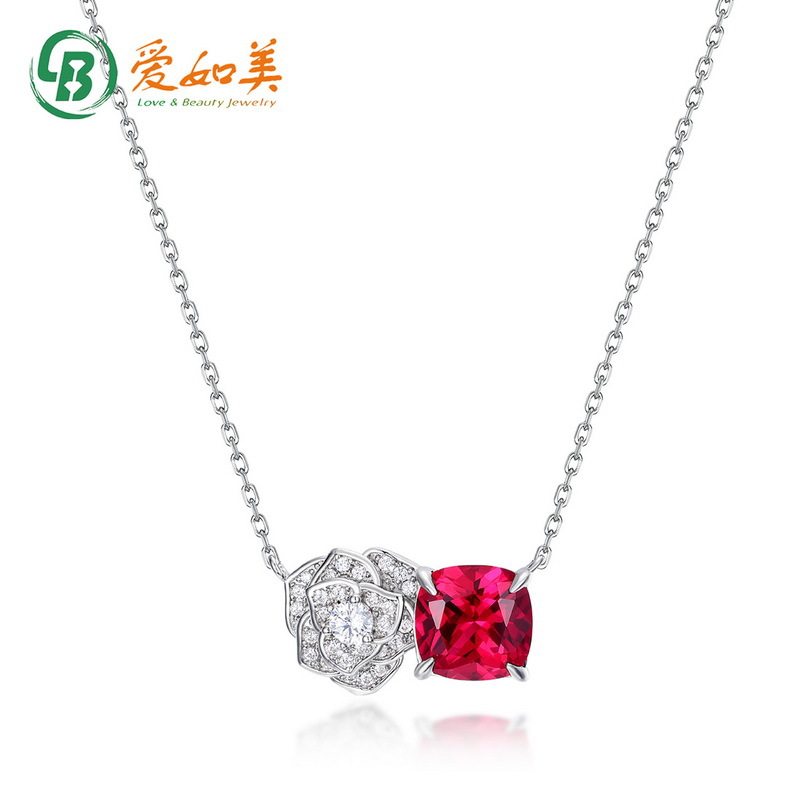 新款轻奢玫瑰花培育红宝项链女S925银渡18K金PT950铂金彩宝锁骨链